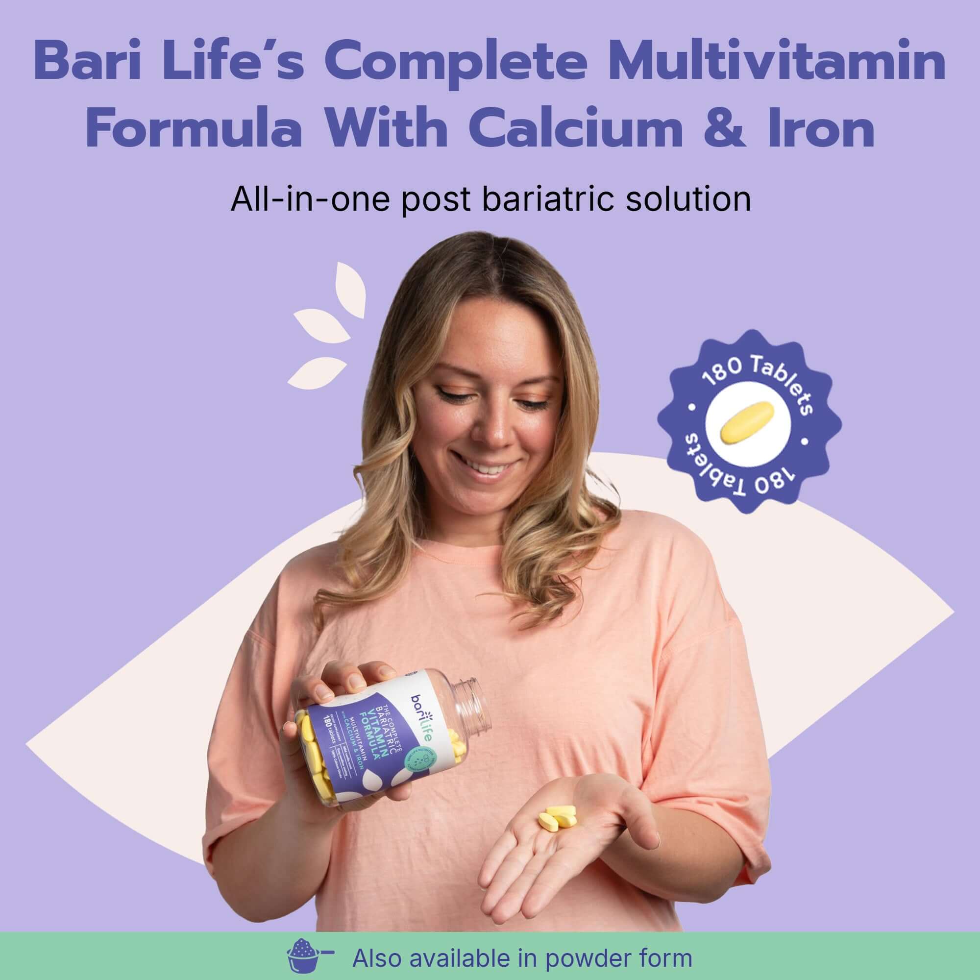 Bari Life's Complete Multivitamin Formula tablets for bariatric support, 180 tablets highlighting calcium and iron.